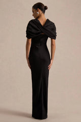 Yoli | Black Satin Maxi Dress With Twist-Cape