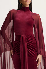 Adoring | Burgundy Velvet High-Neck Maxi Dress With Cape