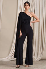 Aurora | Black One Shoulder Cape Sleeve Jumpsuit