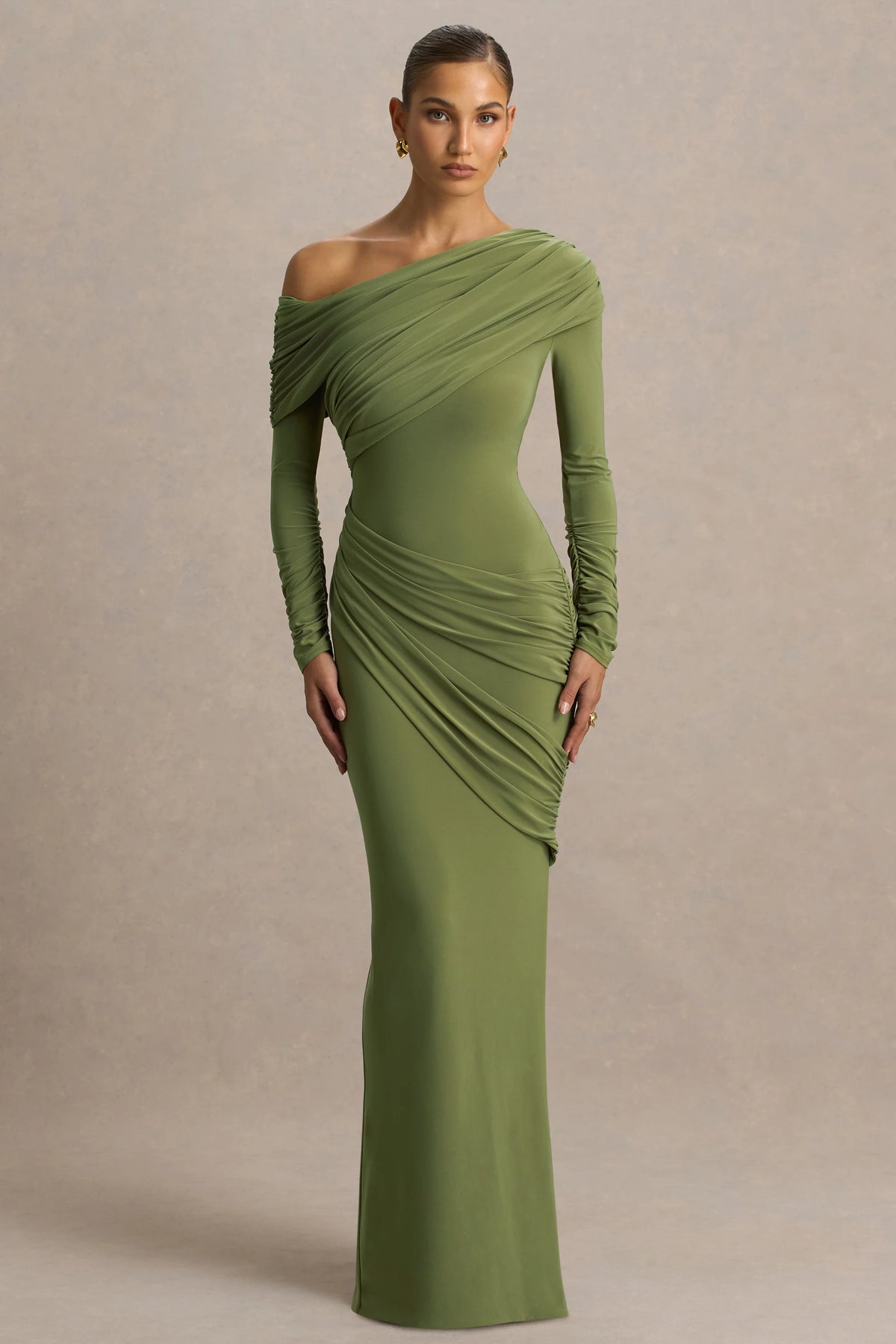 Perrie | Olive Asymmetric-Neck Maxi Dress With Ruched Detailing
