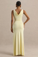 Pure Affection | Pale Lemon Cowl-Neck Maxi Dress With Ruched Detailing And Front High Split