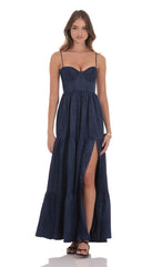Floral Jacquard Maxi Dress in Navy