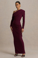 Perrie | Burgundy Asymmetric-Neck Maxi Dress With Ruched Detailing