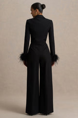 Lissy | Black Plunge-Neck Jumpsuit With Feather-Detailed Sleeves