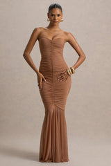 Talisa | Mocha Ruched Fishtail Maxi Dress With Mesh Hem