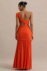 Cadiz | Orange Asymmetric Maxi Dress With Cut-Out Detail and Open-Back