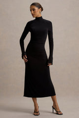 Cassandra | Black High-Neck Long-Sleeve Midi Dress