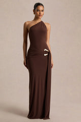 Bonnie | Brown Asymmetric-Neck Maxi Dress With Ruched-Detailing
