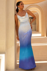 Fiji | Blue Ombre Satin Cowl-Neck Strappy Maxi Dress