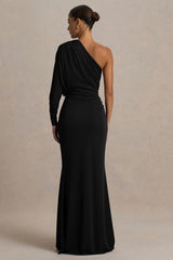 Lola | Black Asymmetric-Neck Maxi Dress With Ruched Detailing And Front High-Split