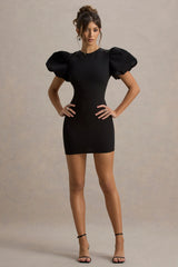 Delaney | Black Puff-Sleeve Mini Dress With White Bow