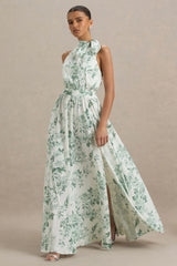 Talia | Green Floral Print High-Neck Maxi Dress With Front High Split