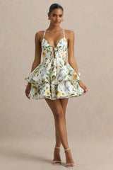 Flavia | White Botanical Print Linen Plunge-Neck Ruffled Skater Micro-Mini Dress