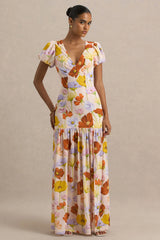 Ginny | Bright Floral Print Puff-Sleeve Split Maxi Dress
