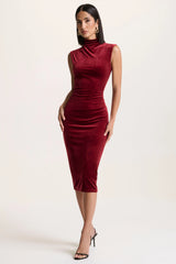 Nivina | Red Velvet High-Neck Midi Dress With Cap-Sleeves