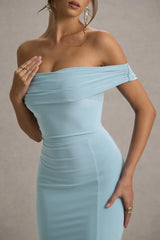 Law of Attraction | Powder Blue Bardot Draped Split Maxi Dress