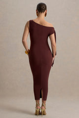 Katarine | Brown Asymmetric Knot Maternity Midi Dress