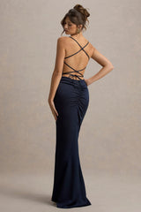 Gia | Navy Satin Cowl-Neck Maxi Dress