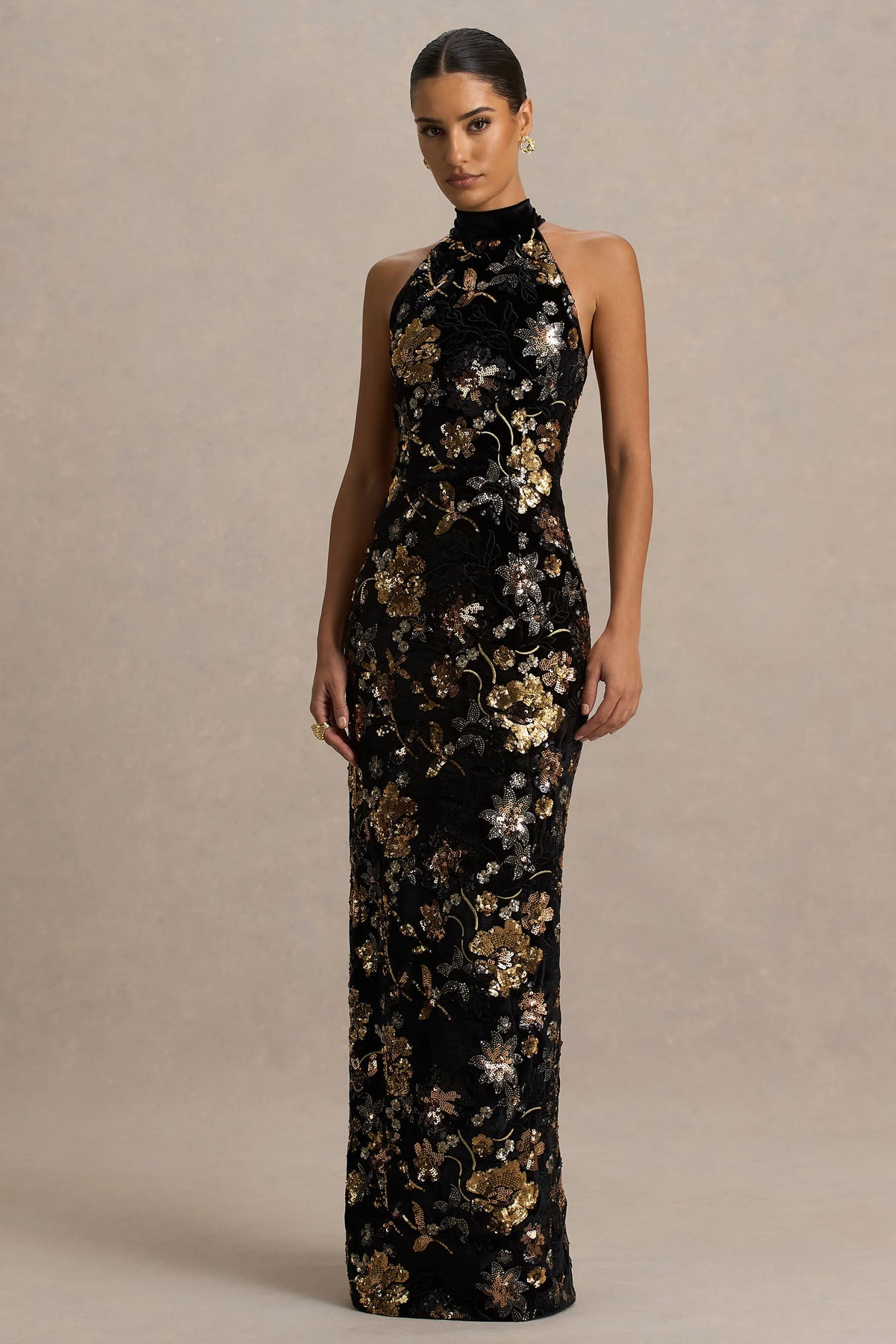 Tate | Black Velvet Halter-Neck Maxi Dress With Bronze Floral Sequin