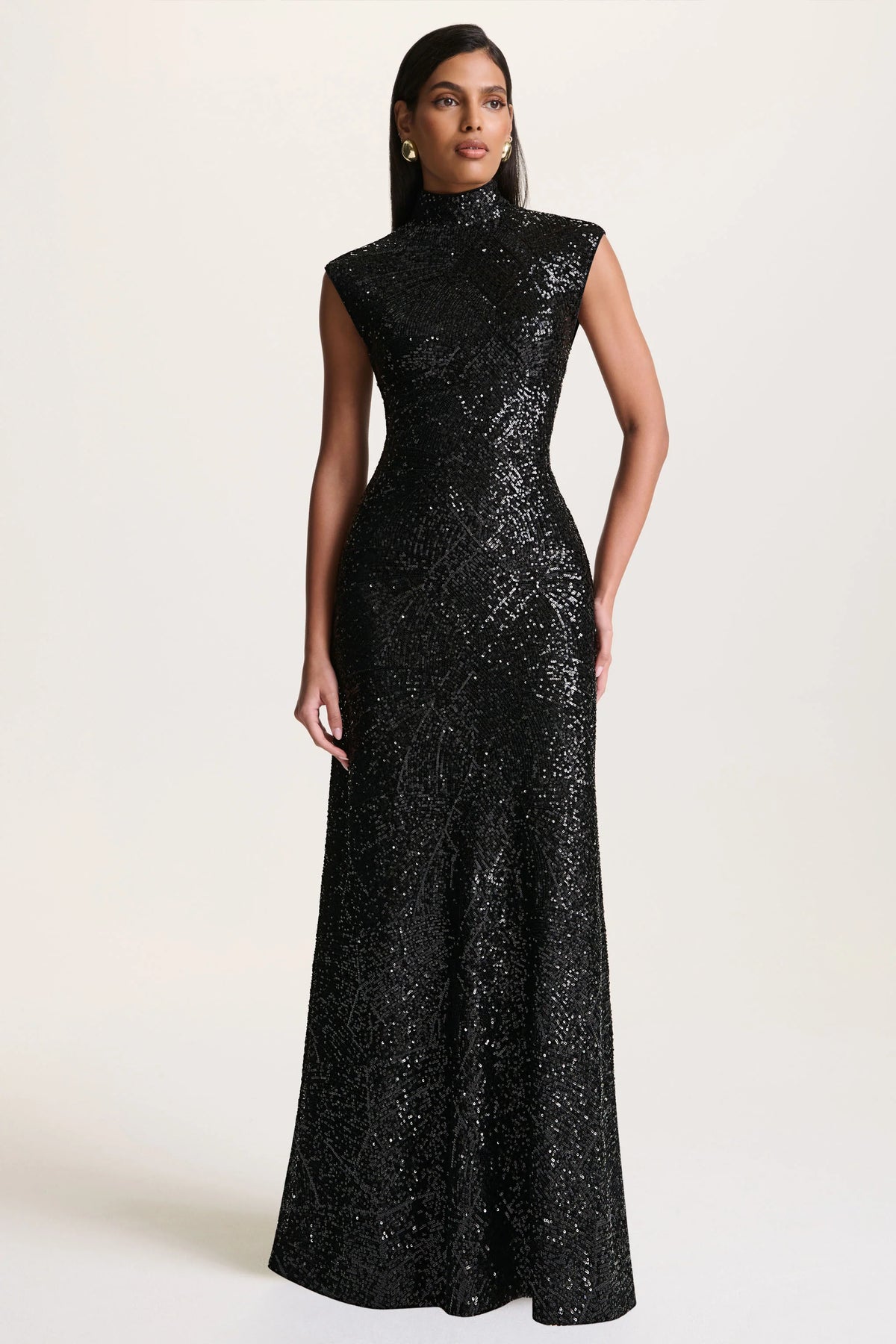 Cecy | Black Sequin High-Neck Maxi Dress With Cap Sleeves