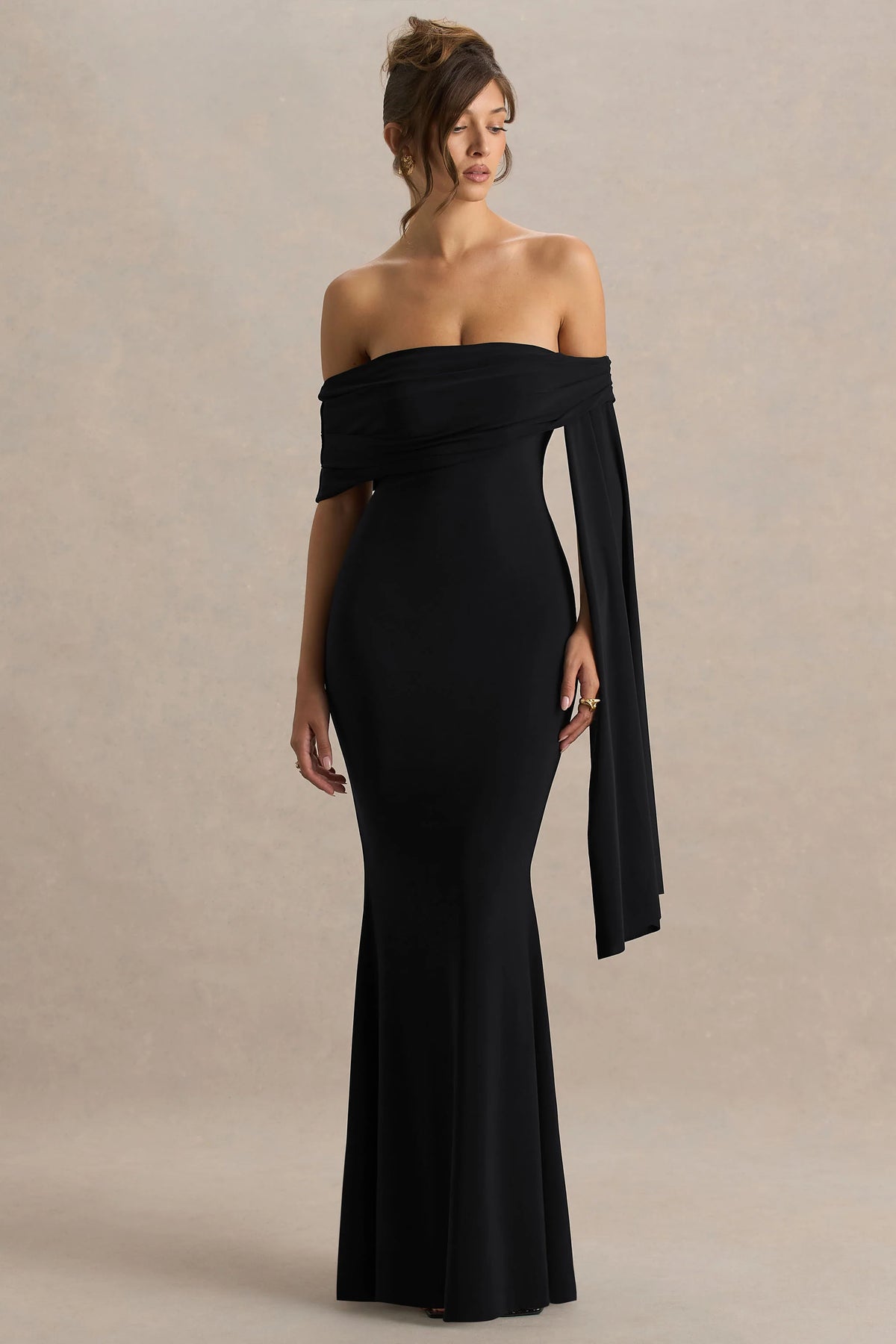 Saffina | Black Bardot-Neck Maxi Dress With Sash Detail