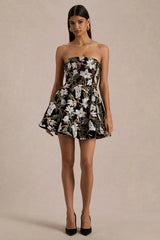 Sparky | Black And Bronze Floral Embellished Bandeau-Neck Mini Dress