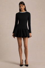 My Wish | Black Embellished High-Neck Mini Dress With Drop-Waist