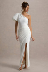 Vittoria | White Asymmetric Puff-Sleeve Split Maxi Dress