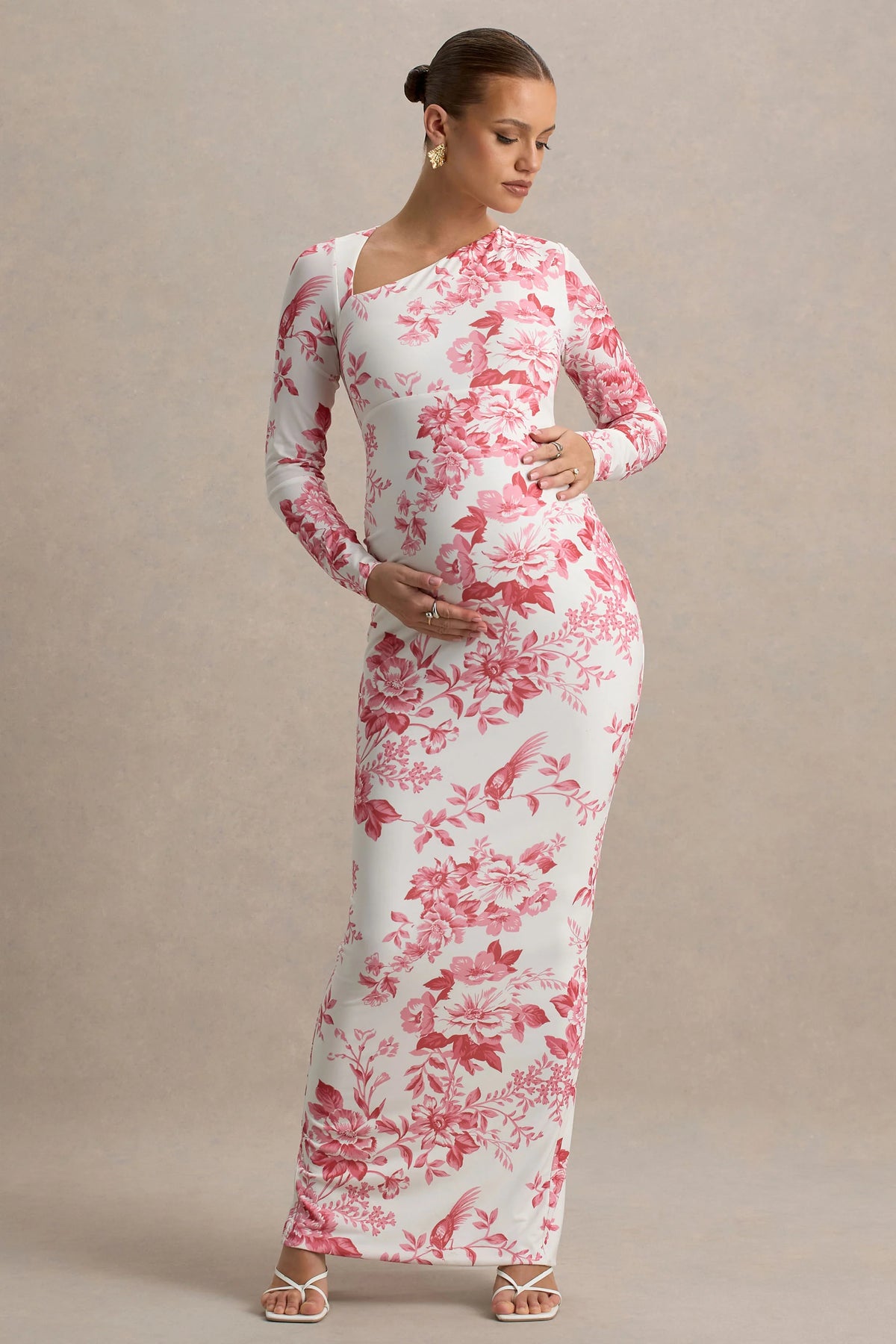 Vanette | Pink Floral Print Asymmetric Long-Sleeve Maternity Maxi Dress