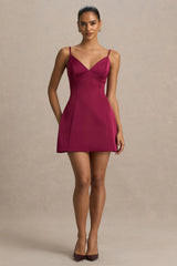 Elara | Burgundy Satin Plunge-Neck Mini Dress