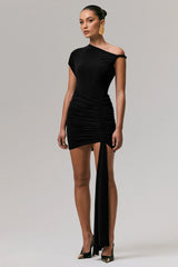 Marci | Black Asymmetric Ruched Mini Dress With Sash