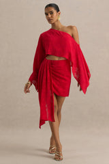 Melania | Red Satin Devore Wrap Mini Skirt With Sash Detail