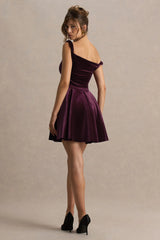 Leticia | Burgundy Velvet Asymmetric-Neck Velvet Mini Dress With Twist-Sleeve
