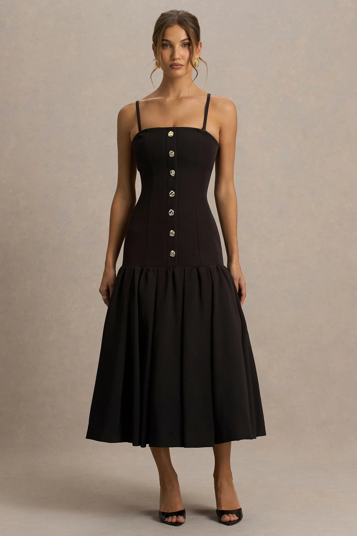 Briella | Black Bandeau Maxi Dress With Gold-Button Detailing