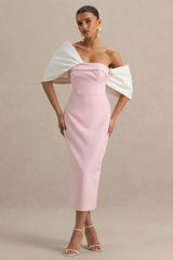 Lucille | Rose Pink & White Asymmetric Bardot Midi Dress