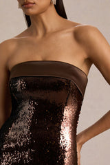 Leona | Brown Sequin Bandeau Maxi Dress With Satin Trim