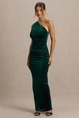 Treat | Bottle Green Velvet Asymmetric-Neck Maxi Dress With Ruched Detailing