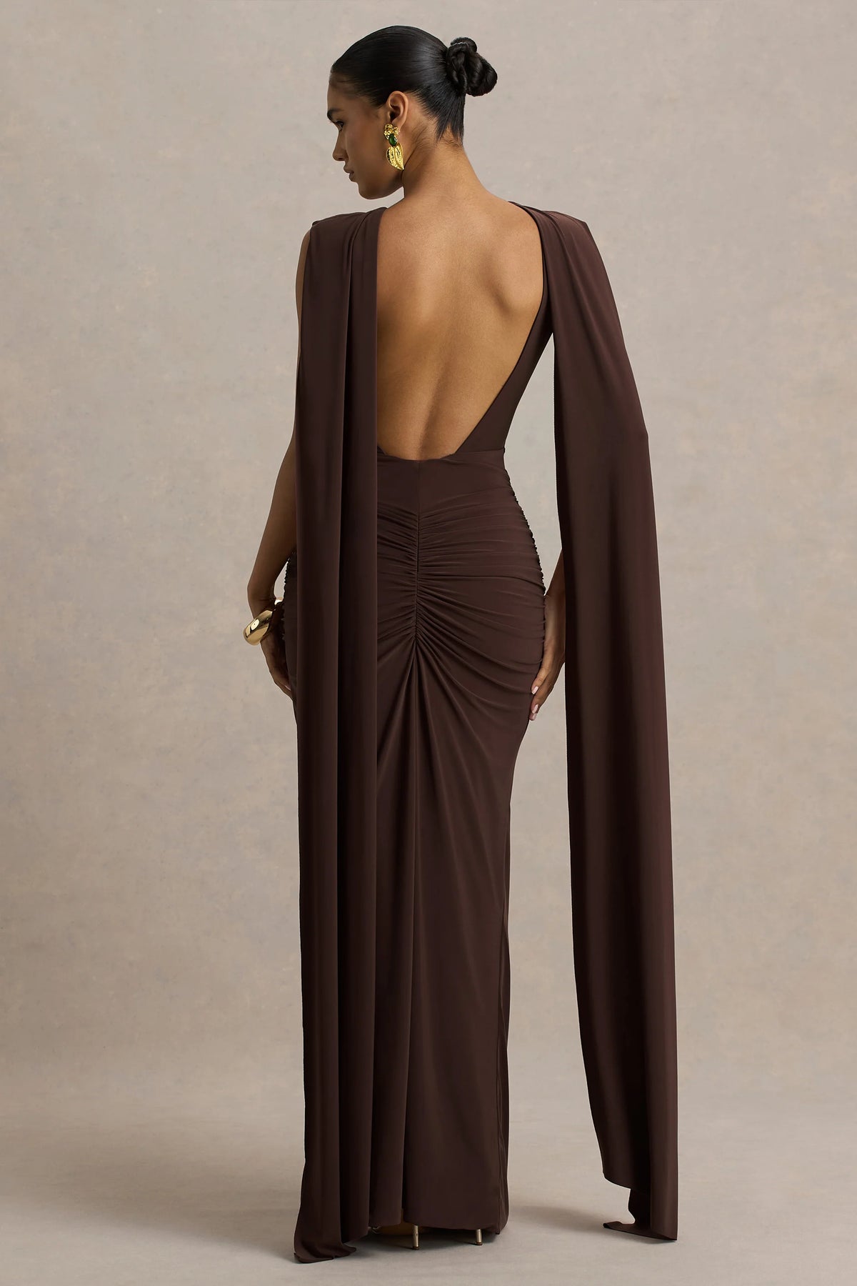 Premiere | Brown Boat-Neck Maxi Dress With Cape Sleeves And Open-Back