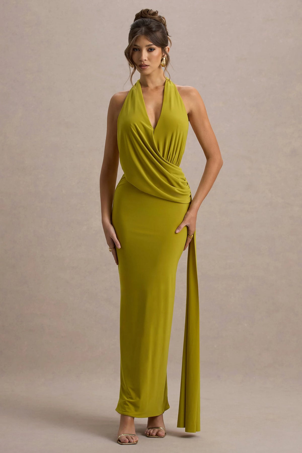 Rosina | Green Halter-Neck Draped Maxi Dress With Sash