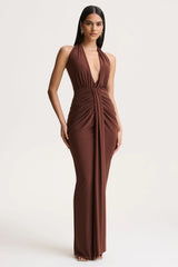 Lesley | Brown Plunge-Neck Maxi Dress