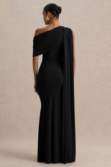Zendaya | Black Asymmetric-Neck Fishtail Maxi Dress With Cape Detail