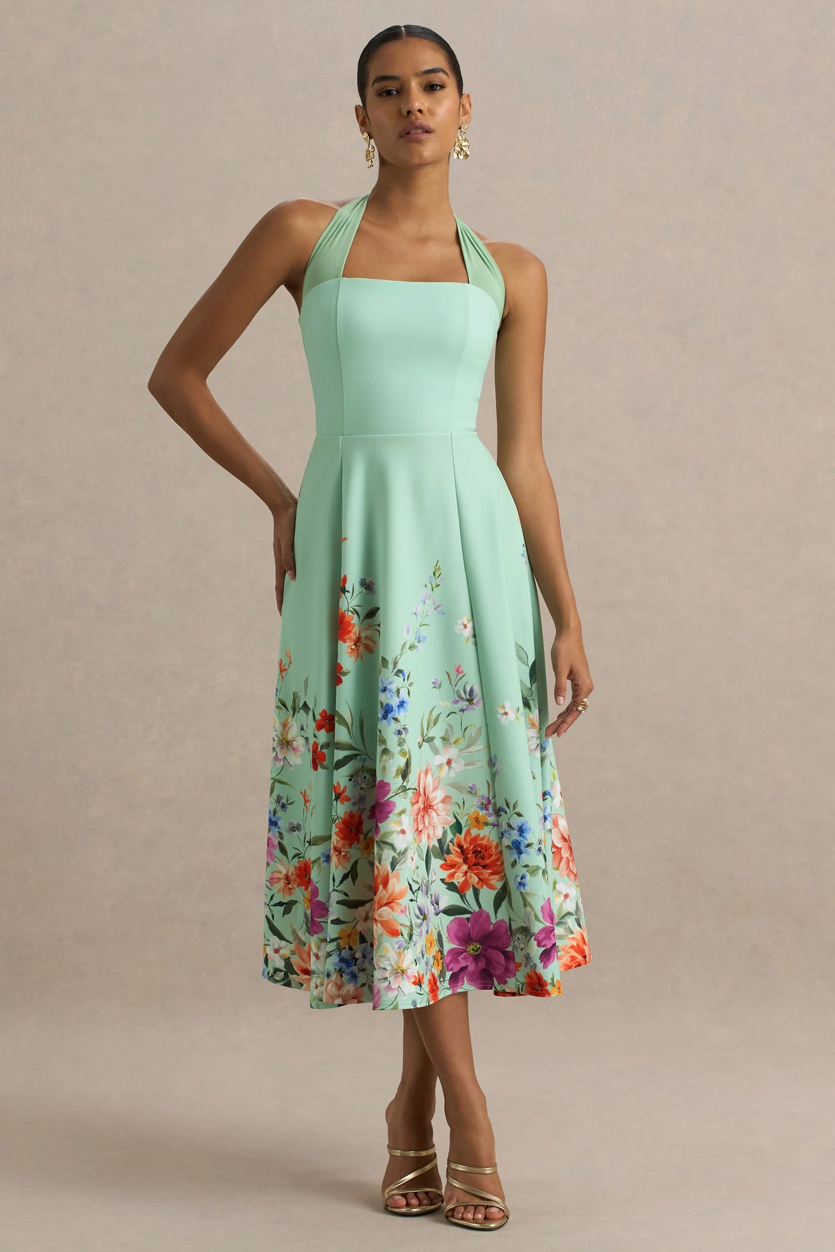 Auburn | Mint Placement Floral Halter-Neck Midi Dress