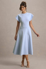 Linda | Powder Blue Crew-Neck Cap-Sleeve Midi Dress
