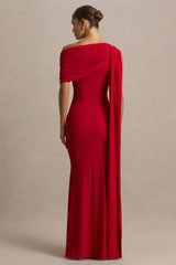 Zendaya | Red Asymmetric-Neck Fishtail Maxi Dress With Cape Detail