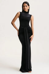 Idalina | Black Velvet High-Neck Maxi Dress With Gathered-Detailing