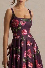 Berta | Burgundy Floral Print Square-Neck Midi Dress