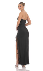 Strapless Ruffle Slit Maxi Dress in Black