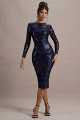 Ishana | Navy Sequin Long-Sleeve Midi Dress
