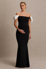 Didi | Black & White Bardot Bow Detail Maternity Maxi Dress