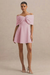 Faria | Blush Pink Short-Sleeve Bardot Mini Dress With Bow Detail